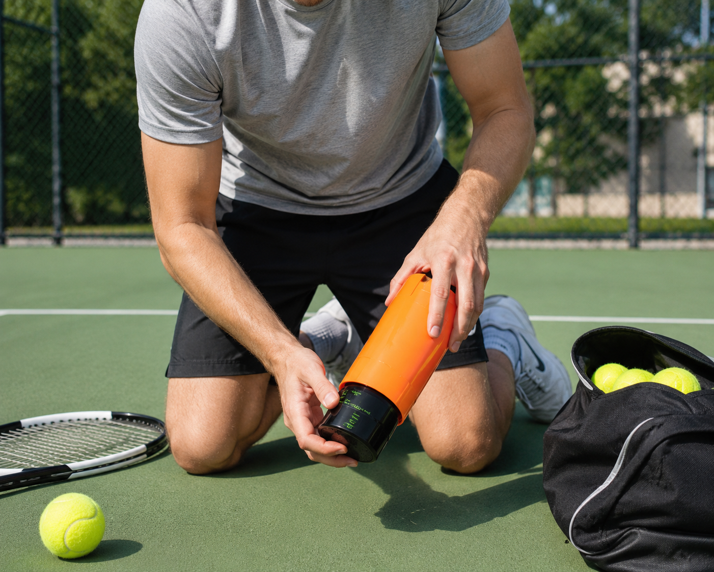 Tennis player using the Presura Pressure Vault on an outdoor court