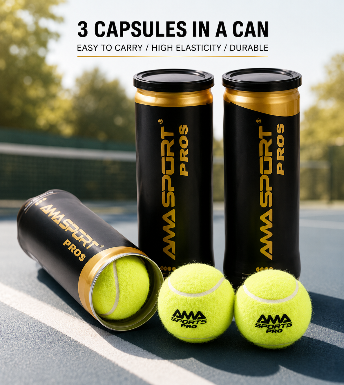 Presura Solo Rebound Trainer black and gold practice ball canisters with three balls on court