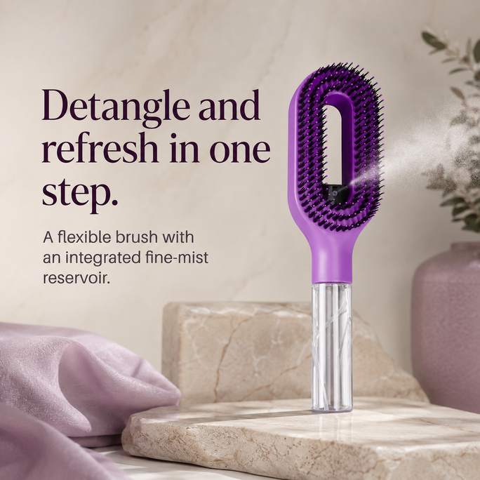 SilkMist conditioning spray hair brush with integrated fine mist reservoir